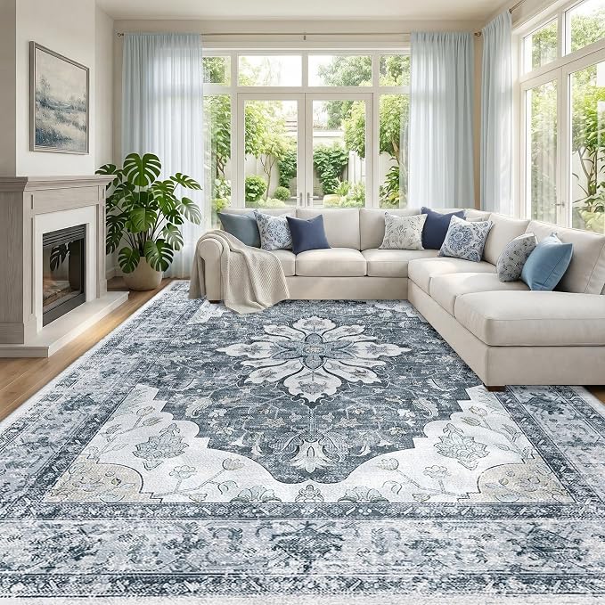 RELEANY Area Rugs Large 9'x12' Washable Non-Slip, Floral Vintage Distress by RELEANY