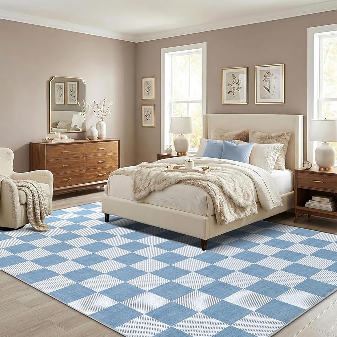 GarveeHome Checkered Light Blue and White 4x6 Washable Rug Geometric Diamond - Image 3