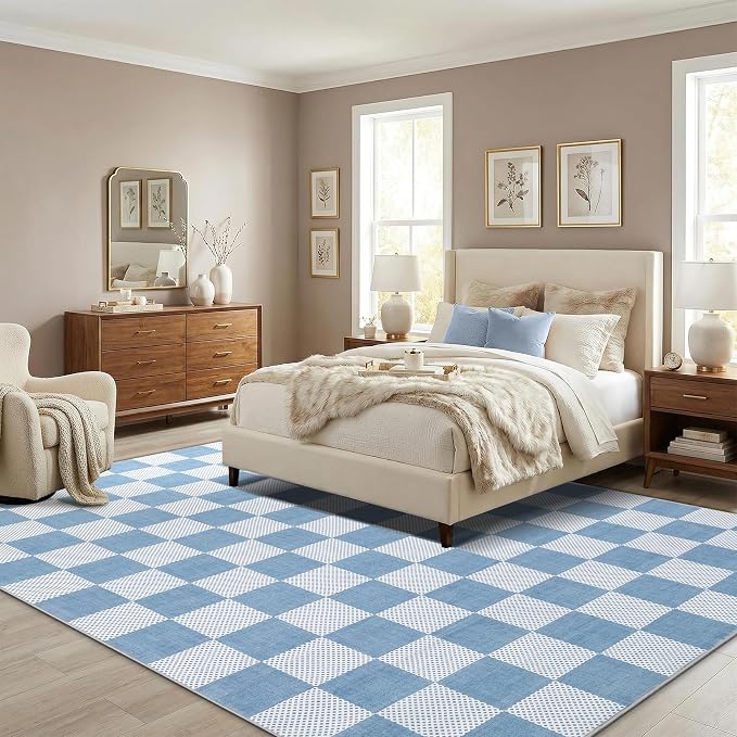 GarveeHome Checkered Light Blue and White 3x5 Washable Rug Geometric Diamond - Image 3