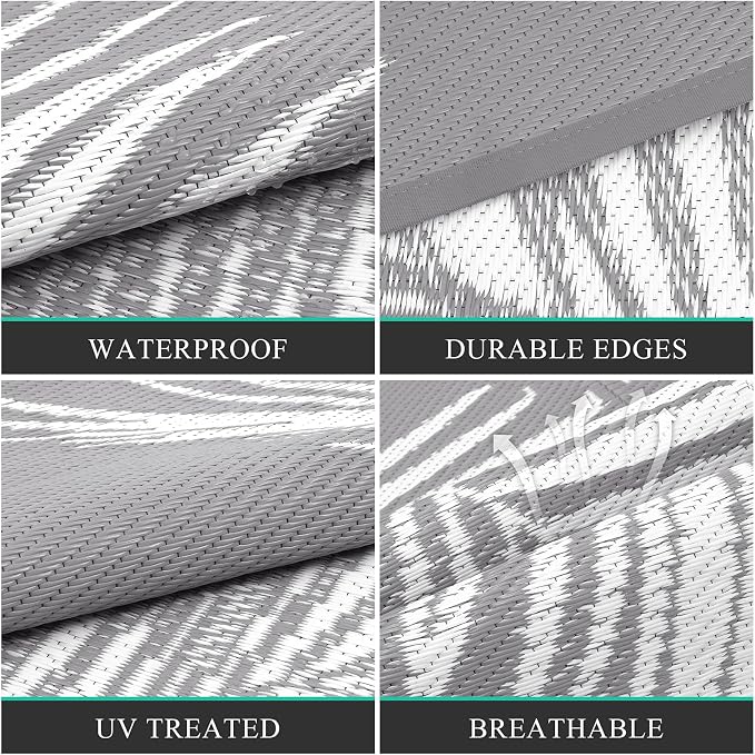 Pauwer Outdoor Rug, Leaf Grey, Reversible, Waterproof, Polypropylene, - Image 4