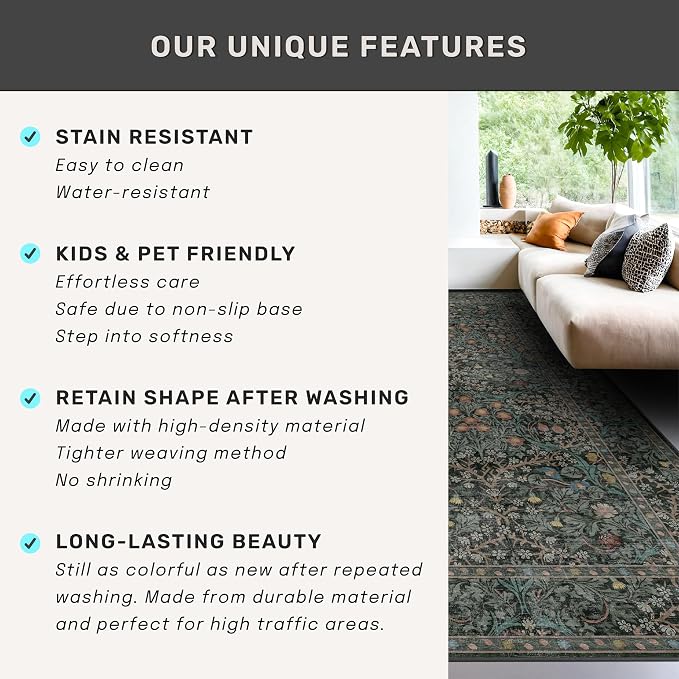 Washable Dark Green 10x12 Rug for Living Room - Image 9
