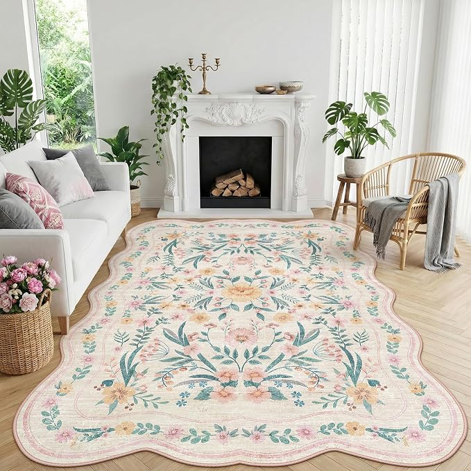 7x9 Pink Rug for Living Room, Scalloped Floral Rug for Girls Dorm, Washable by Dadasgk