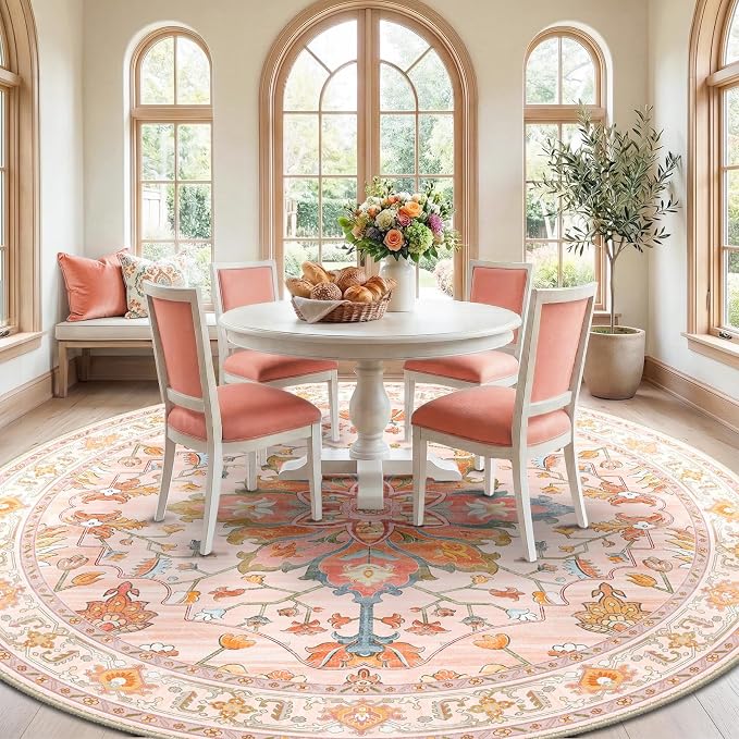 RELEANY Area Rugs Round 10ft Washable Non-Slip, Floral Vintage Distress - Image 3