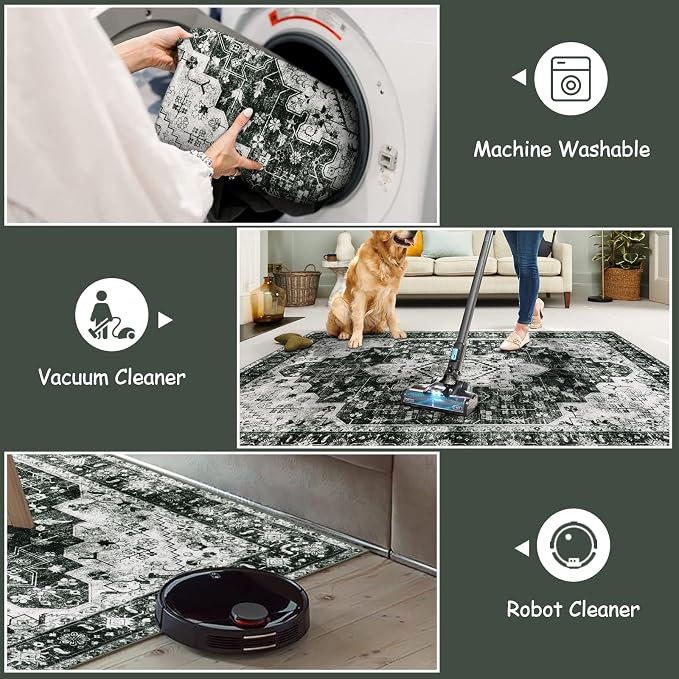 Moynesa Washable Black and White Runner Rug - Image 4