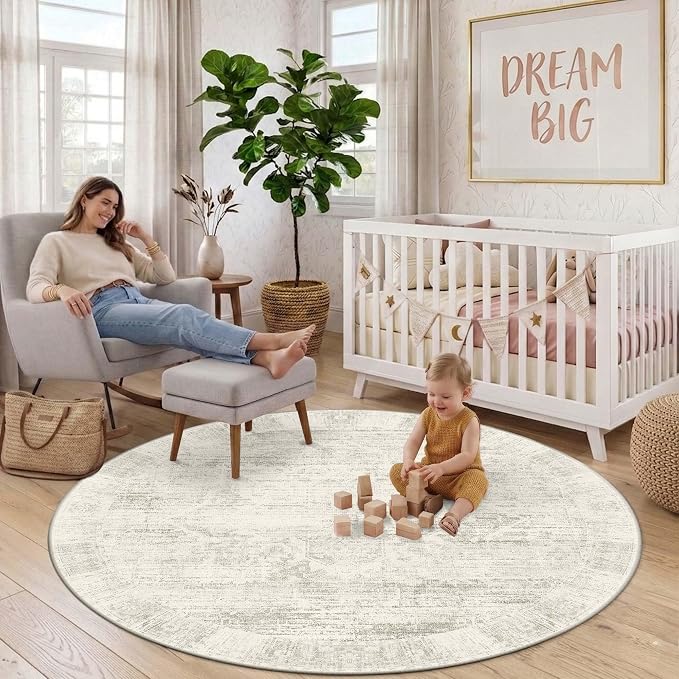 Latte&Fog Vintage 6ft Round Area Rug, Washable Low Pile Non Slip Ivory Neutral - Image 3