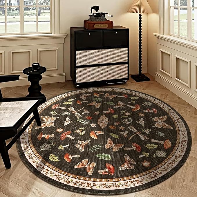 Mushroom Insect 5ft Round Rug Washable Non-Slip Soft Ultra-Thin Small Boho - Image 6
