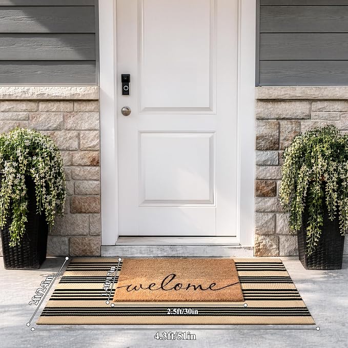 Striped Outdoor Front Door Mat 24"x51", Cotton Hand Woven Washable Black and - Image 2