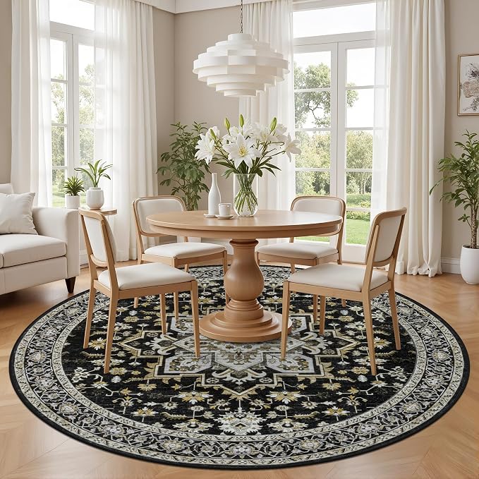 Round Area Rug for Living Room: 8 ft Washable Vintage Boho Soft Thin Circle Rug - Image 3