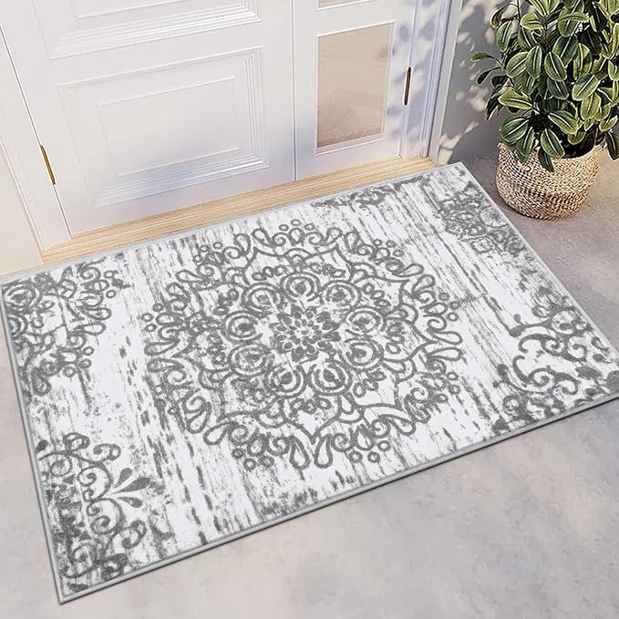 HEBE Indoor Door Mat 2'x3', Washable Distressed Boho Small Area Rug, Non Slip by HEBE
