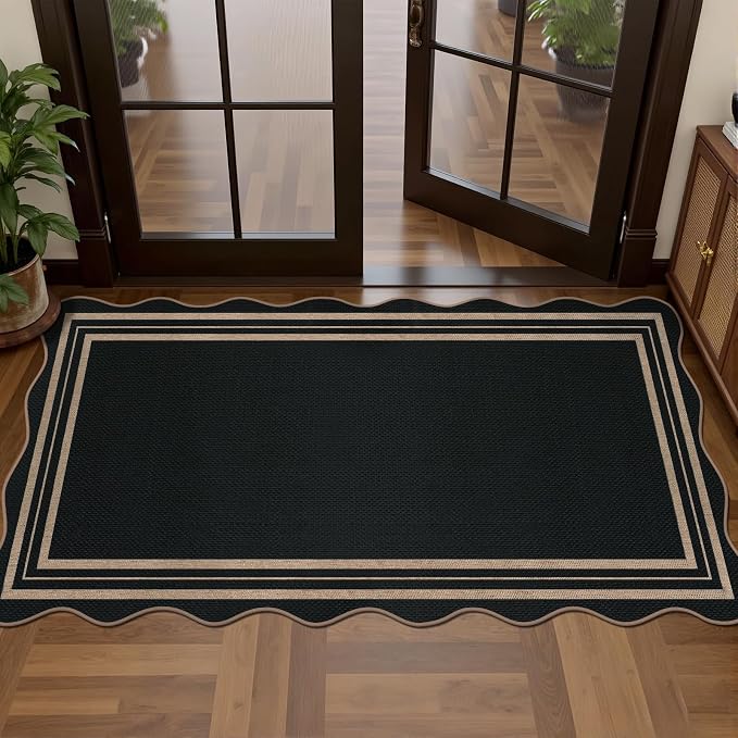 Scalloped Easy Jute Black Rug, 2x4 Front Door Washable Door Mat Non Slip Small - Image 3