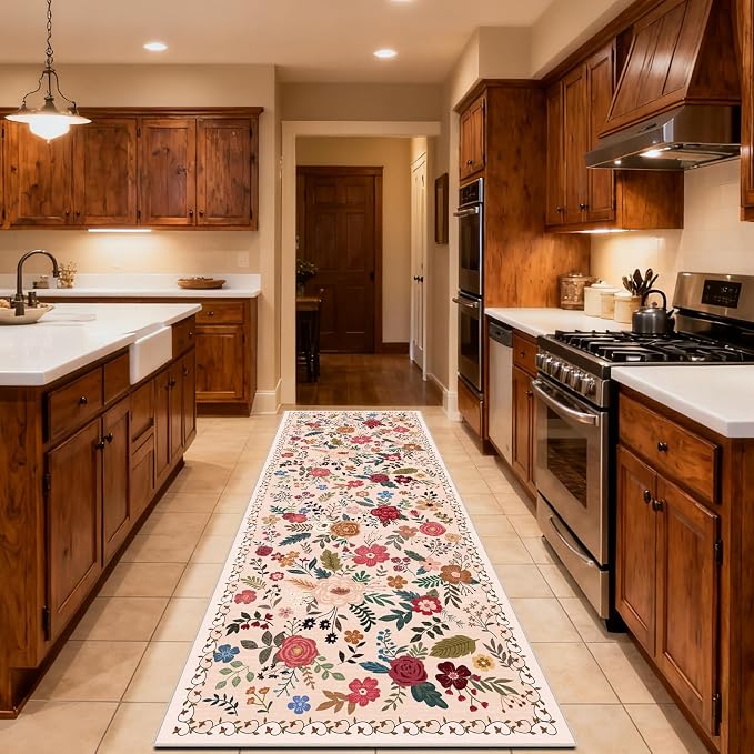 Washable Beige Red 2'6" x 10' Runners by Unknown