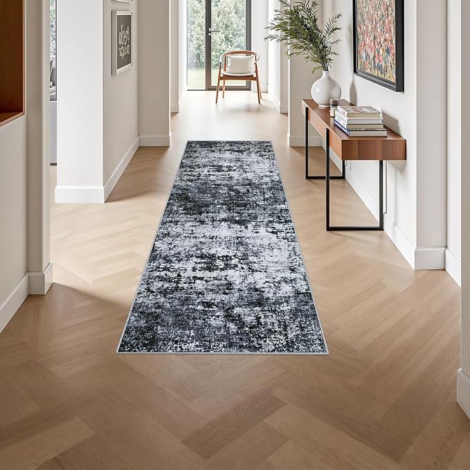 2'x6' Runner Rug Washable Rug: Modern Abstract Soft Thin Runner Rug Black - Image 4