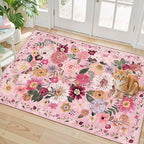 Pink Floral Rug for Entryway, 2X3 Washable Kitchen Mat Ultra-Thin Soft by WelcometoBabovid
