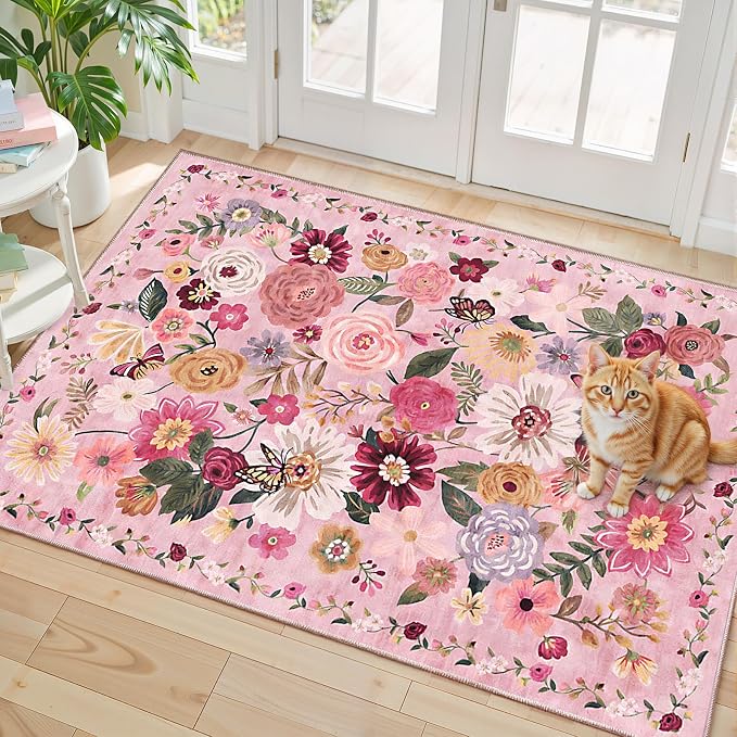 Pink Floral Rug for Entryway, 2X3 Washable Kitchen Mat Ultra-Thin Soft by WelcometoBabovid