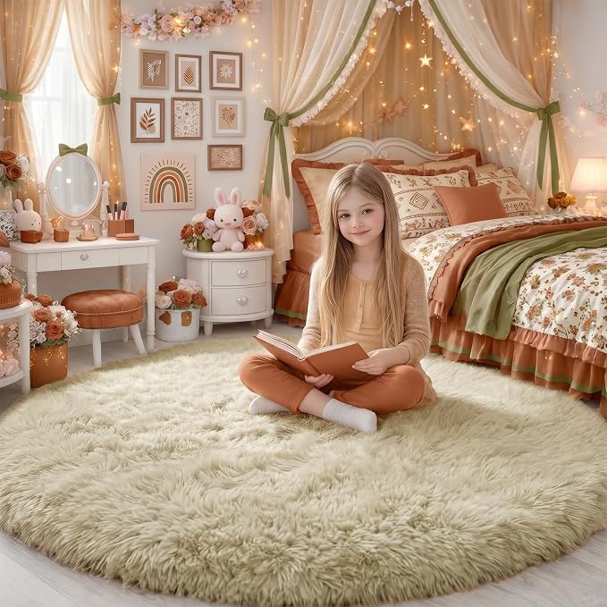 Amdrebio Beige Round Area Rug 6Ft by Amdrebio