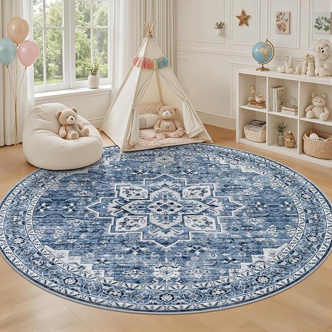 Round Area Rug for Living Room: 4 ft Washable Vintage Boho Soft Thin Circle Rug - Image 5