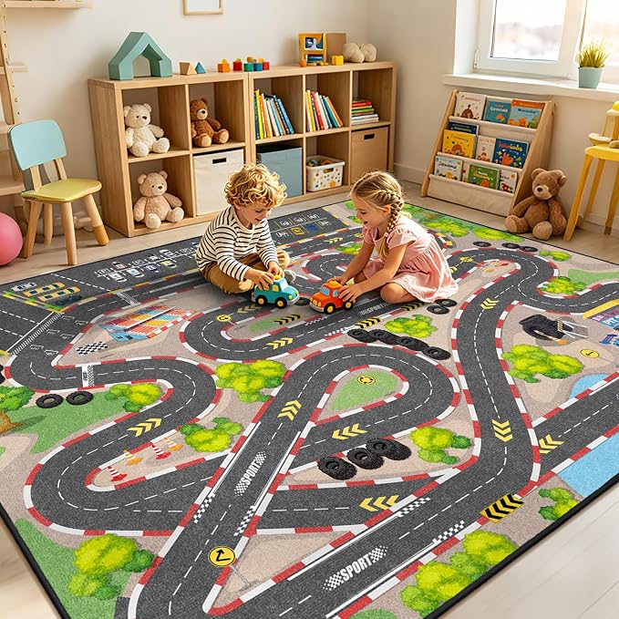 Kids Car Rug Play Mat, 4x6 ft Race Track Road Rug - Image 7