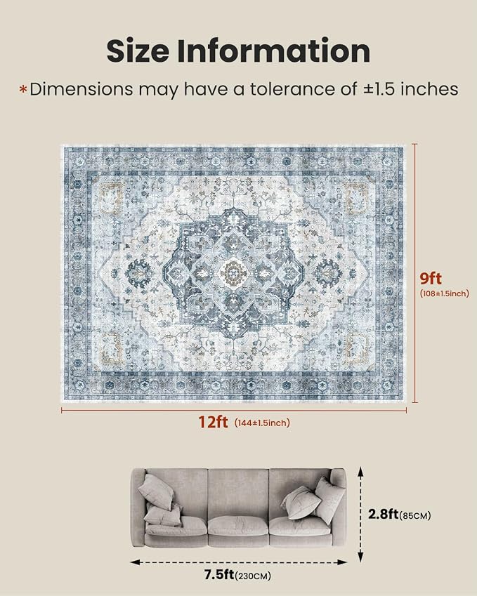 AMADA HOMEFURNISHING 9x12 Area Rug, Washable Low-Profile Large Area Rug - Image 2