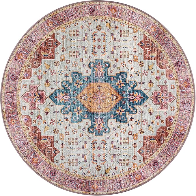 Moynesa Ultra-Thin Washable Round Rug - 4ft Pink Oriental Circle Area Rugs - Image 8