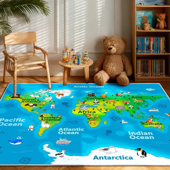 Kids Playroom Rug, 7x9ft World Map Play Mat - Image 8
