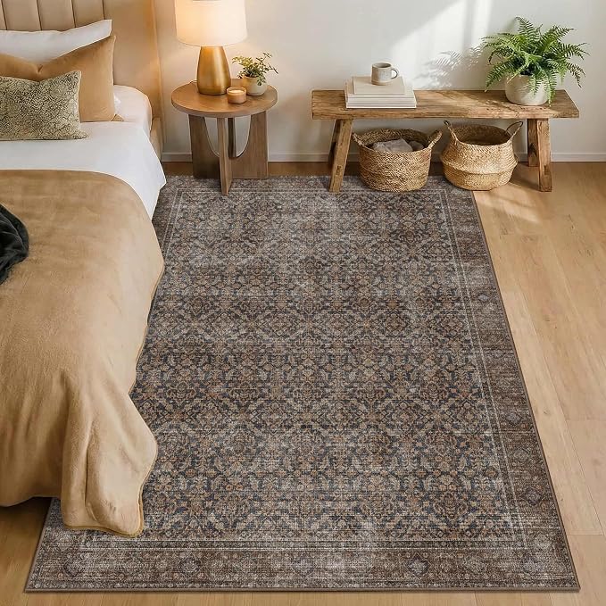 Latte&Fog 4x6 Rug for Living Room, Vintage Brown Washable Area Rug, Boho Floral - Image 3