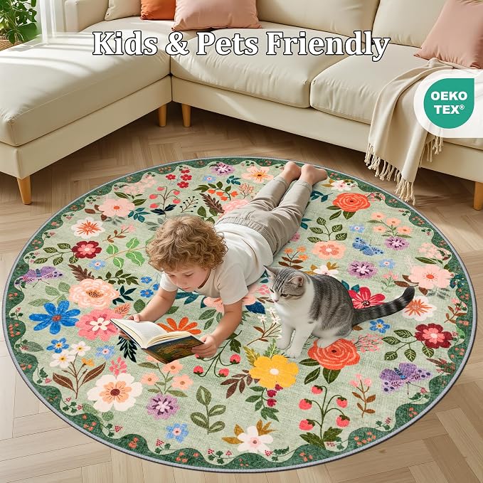 Round Area Rug for Living Room: 6 ft Floral Washable Circle Rug Soft Boho - Image 8