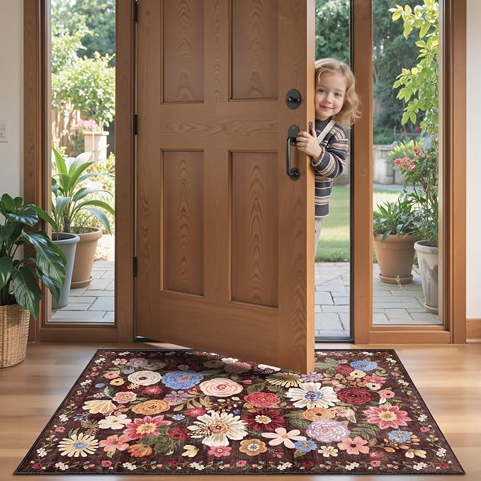Area Rug 4x6 Espresso, Washable Boho Rugs Non Slip Low Pile Floral Small Carpet - Image 6
