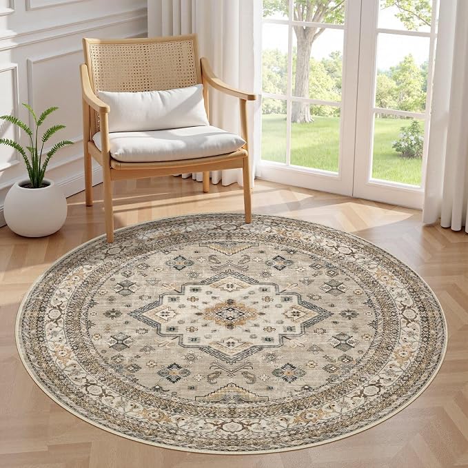 5ft Round Vintage Living Room Area Rug by COTILED