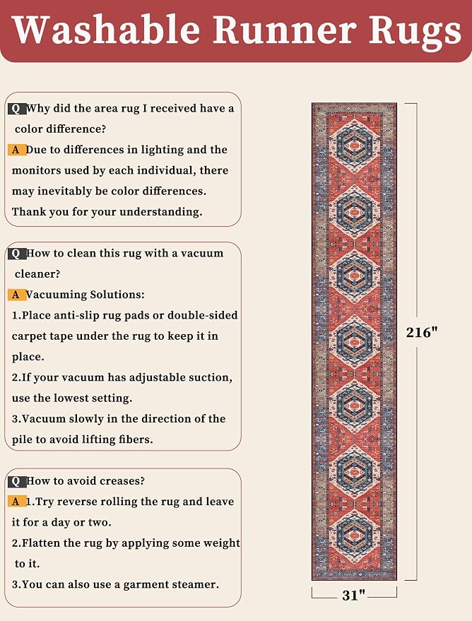 SERISSA Runner Rug for Hallways, Extra Long Boho Rug Ultra Soft Vintage Rust - Image 6