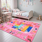 Pink Kids Rug for Playroom Classroom, ABC Alphabet Numbers Play Toddlers Rugs - Image 2