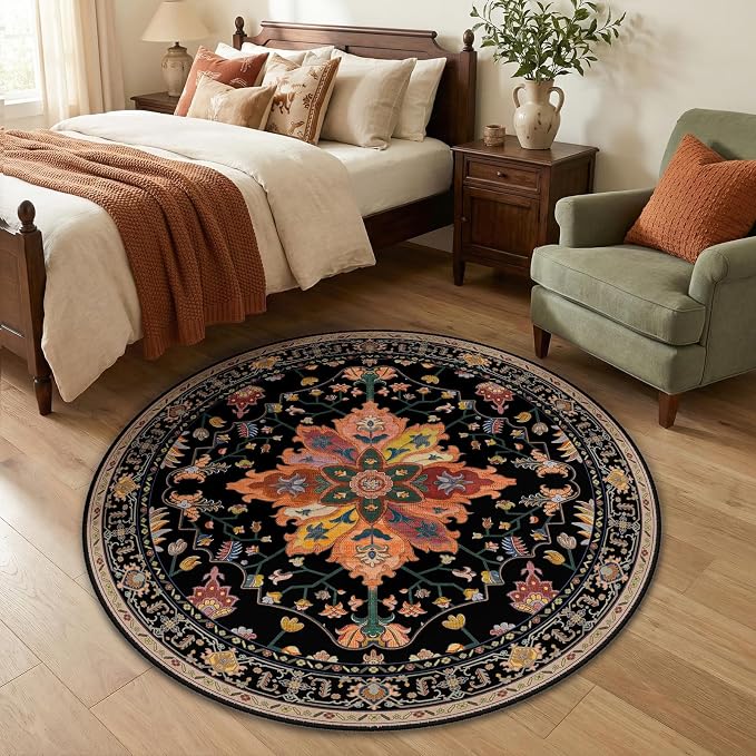 RELEANY Area Rugs Round 4ft Washable Non-Slip, Floral Vintage Distress by RELEANY
