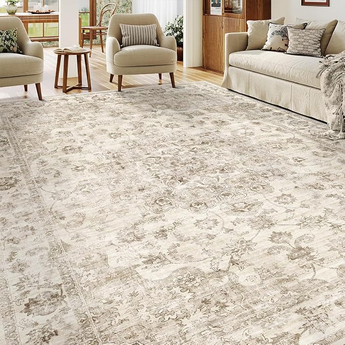 12x15 Neutral Area Rug Beige Vintage Living Room Bedroom Washable Carpet - Image 3
