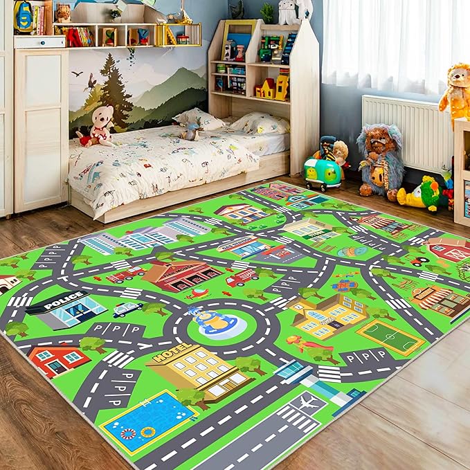 Kids Room Rug - Soft & Non-Slip 4x5 Ft Town Car Rugs City Map Play Mat - Image 7