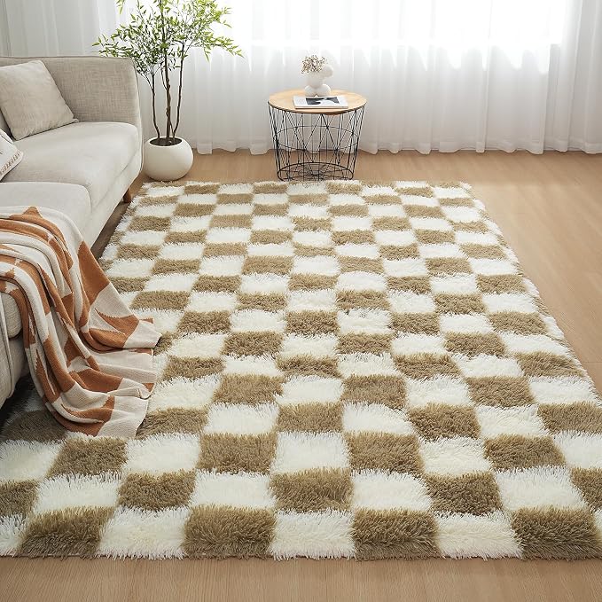 Checkered Area Rugs for Living Room 8x10, Fluffy Beige and White Checkered Rug by Boshengya