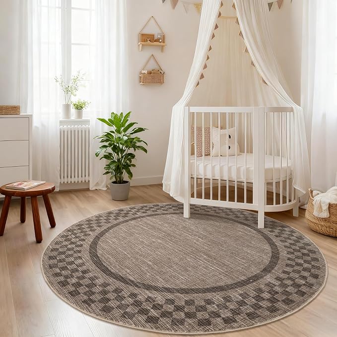 6ft Washable Round Rug for Entryway Modern Checkered Bedroom Circle Rug Non - Image 8