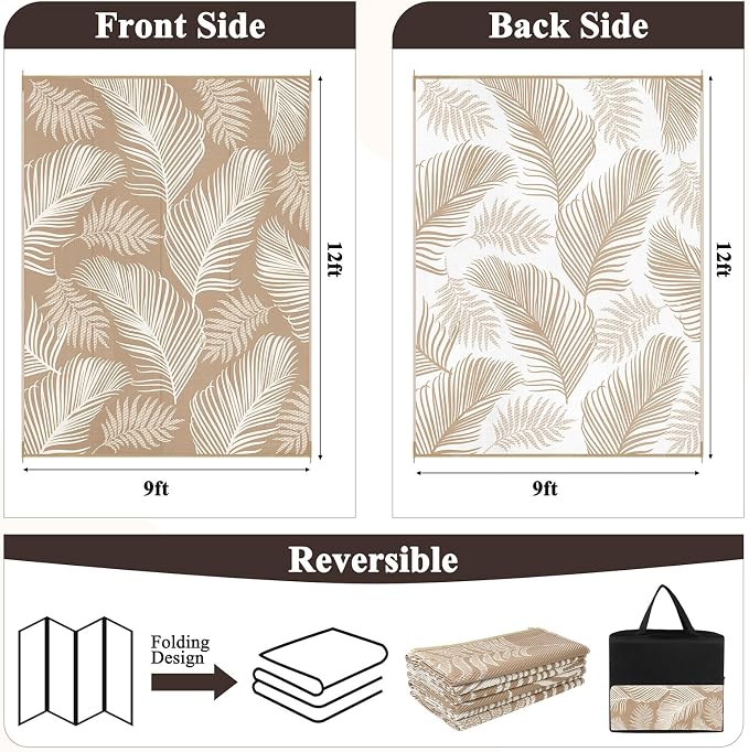 Pauwer Waterproof Outdoor Rug 9x12, Reversible Plastic Straw Patio Camping Rug - Image 3