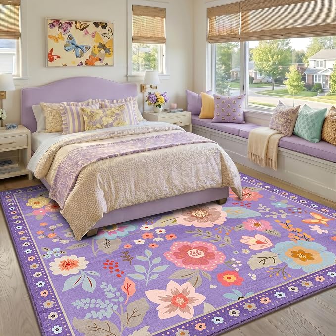 RELEANY Floral Square 8ft Area Rugs Washable Print Boho Cute Carpet Non Slip - Image 2