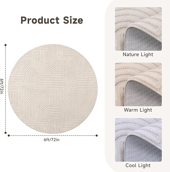 Pauwer 6ft Washable Area Rugs for Living Room Modern Beige Solid Color Soft - Image 2