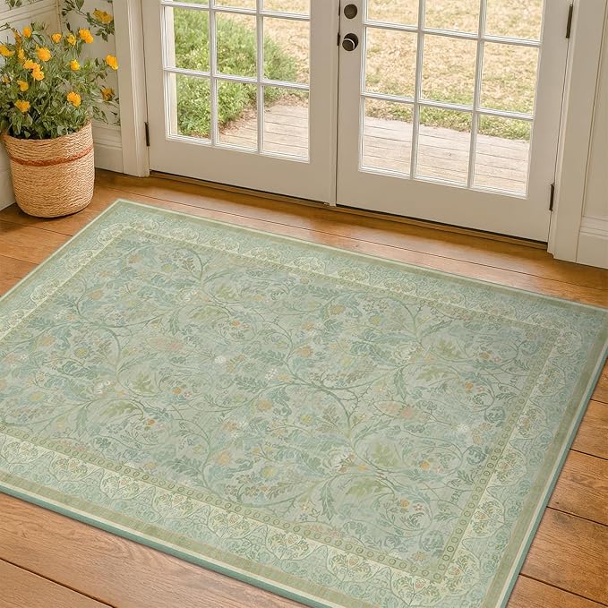 Sage Green 3x5 Area Rug for Entryway, Machine Washable Floral Large Door Mats by Evyhood