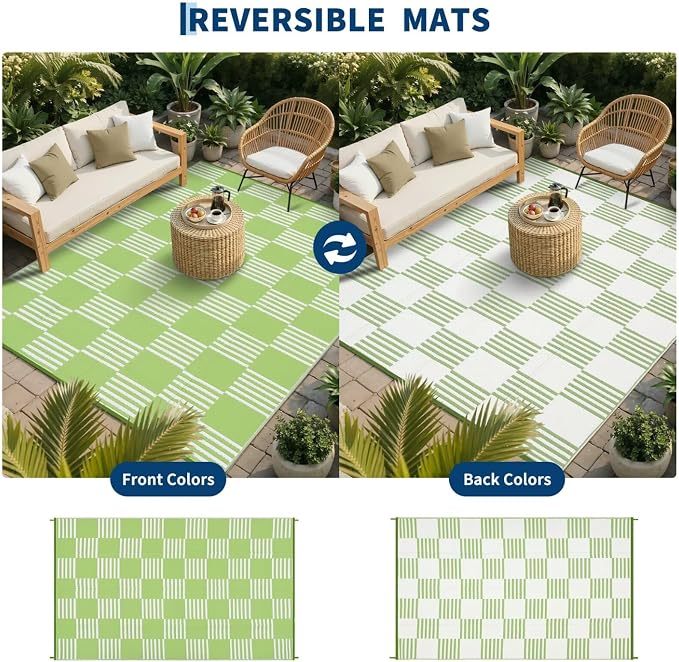 Garvee Waterproof Outdoor Rug 8x10, Checkered Foldable Plastic Straw Patio - Image 3