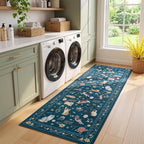 Unirea 2.6x8 Dark Blue Cat Runner Rug, Washable Non Slip Botanical Rug - Image 9
