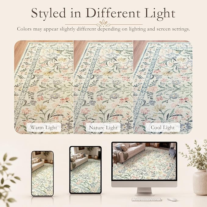 Wonnitar Large Rugs for Living Room, Soft Washable Floral 9x12 Area Rug for - Image 9
