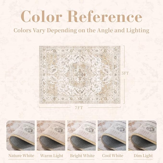 PADOOR 5X7 Area Rug, Rugs for Living Room, Soft Beige Rugs for Bedroom - Image 2