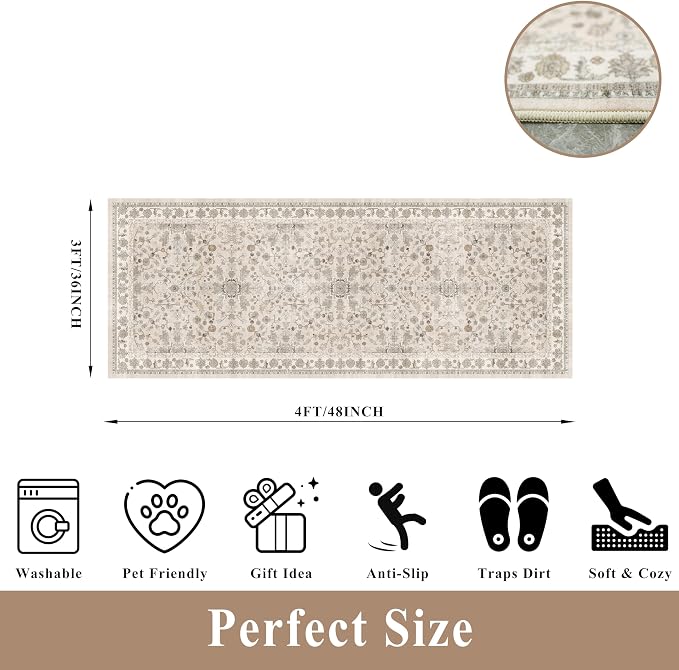 3x8 Hallway Runner Rug Washable Non-Slip – Boho Floral Soft Wide Carpet Runner - Image 2