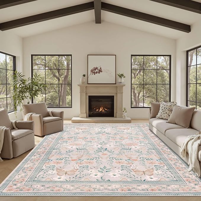 Rugxara 8x10 Pink Rugs for Bedroom Girls, Floral Washable Rug, Boho Area Rug by Rugxara