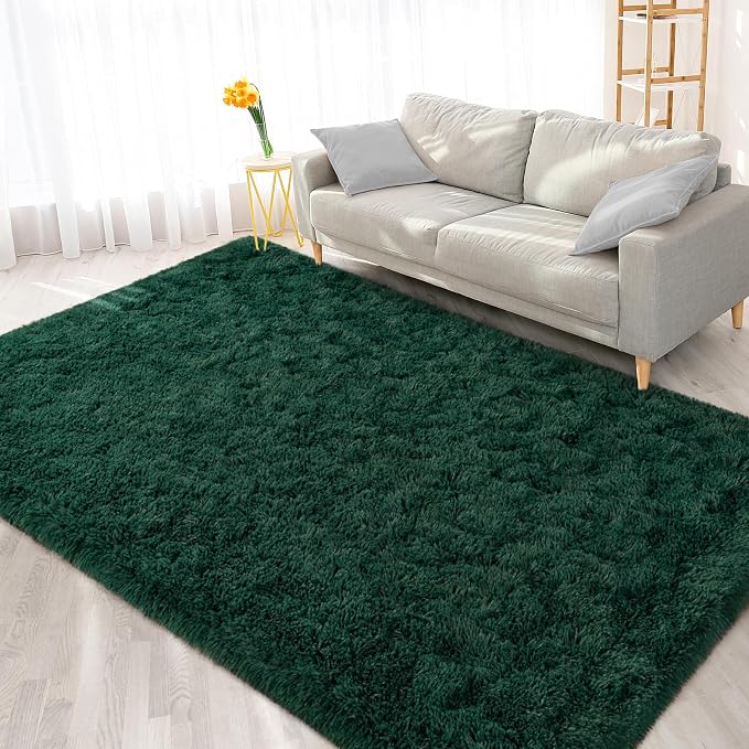FlyDOIT Large Area Rugs for Living Room, 5x8 Feet Deep-Green Shaggy Rug Fluffy - Image 8