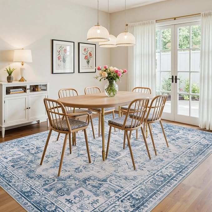 8x10 Area Rugs for Living Room:Blue Washable Vintage Medallion Boho Rug - Image 4