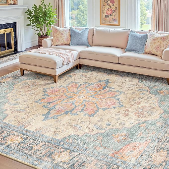 RELEANY Area Rugs 7'x9' Washable Non-Slip, Floral Vintage Distress Medallion by RELEANY