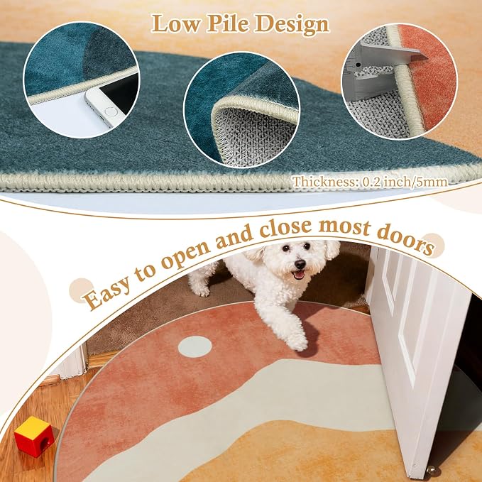 5 ft Abstract Round Rugs for Bedroom, Washable Non-Slip Circle Rug, Soft - Image 2