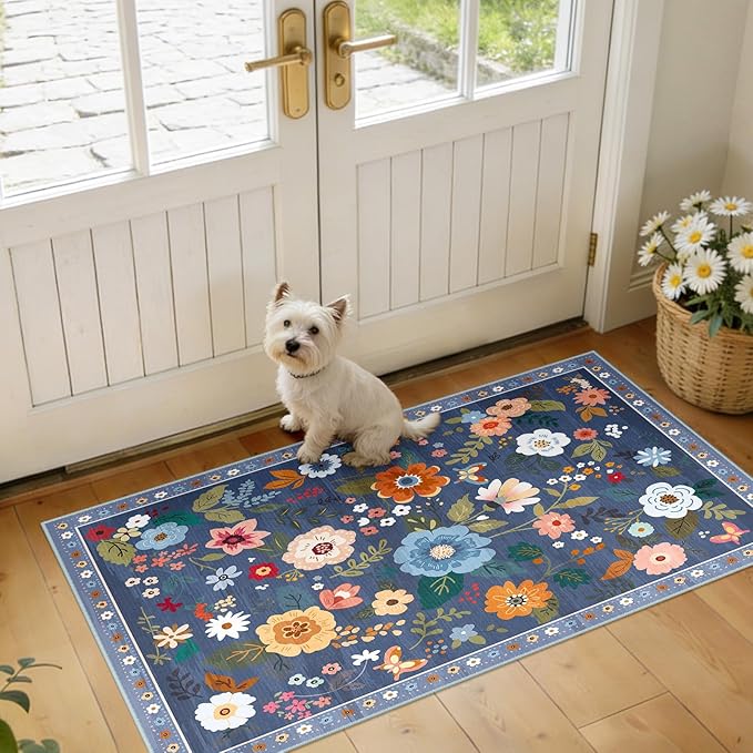 RELEANY Floral 2x4 Area Rugs Washable Print Boho Cute Carpet Non Slip Flower by RELEANY